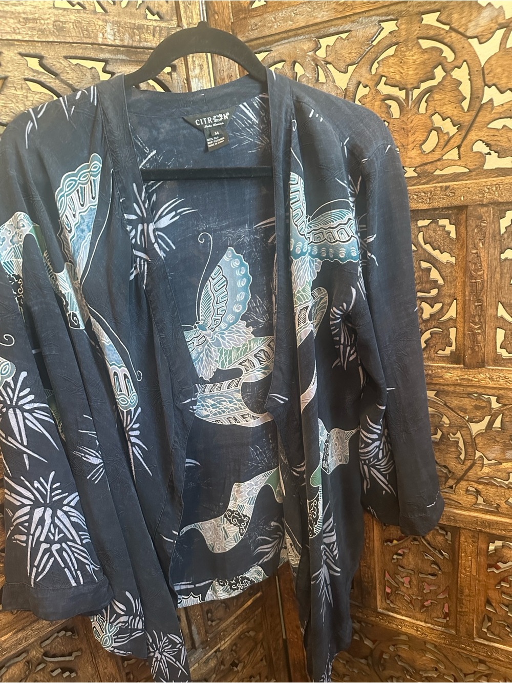 Citron Navy Blue Silk Printed Kimono Size M